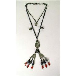 A MIDDLE EASTERN SILVER TONE CORAL AND TURQUOISE PENDANT NECKLACE
