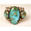 Image 1 : AN OLD PAWN EXTREMELY HEAVY NAVAJO HAND WROUGHT SILVER AND TURQUOISE THREE STONE CUFF BRACELET
