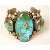 Image 2 : AN OLD PAWN EXTREMELY HEAVY NAVAJO HAND WROUGHT SILVER AND TURQUOISE THREE STONE CUFF BRACELET