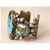 Image 3 : AN OLD PAWN EXTREMELY HEAVY NAVAJO HAND WROUGHT SILVER AND TURQUOISE THREE STONE CUFF BRACELET