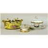 Image 1 : A PORCELAIN POLYCHROME PARCEL GILT DECORATED DESK GARNITURE