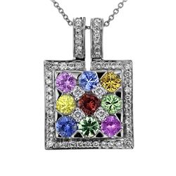 Natural 2.92 CTW Multi-Sapphire & Diamond Necklace 18K White Gold - REF-101H7W