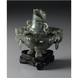 CHINESE CARVED JADE/HARDSTONE TRIPOD KORO