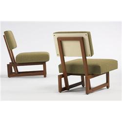 Andre Sornay lounge chairs, pair France, c. 1955 mahogany, upholster