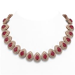 121.42 ctw Certified Ruby & Diamond Victorian Necklace 14K Rose Gold - REF-3416F5M