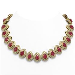 121.42 ctw Certified Ruby & Diamond Victorian Necklace 14K Yellow Gold - REF-3416G5W