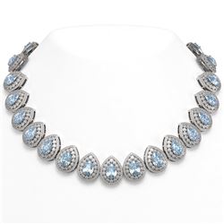 92.83 ctw Aquamarine & Diamond Victorian Necklace 14K White Gold - REF-3851R5K