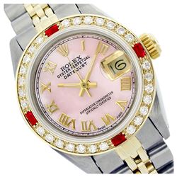 Rolex Men's Two Tone 14K Gold/SS, QuickSet, Roman Dial with Diam/Ruby Bezel - REF-533A6N