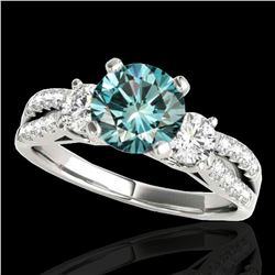 1.5 ctw SI Certified Fancy Blue Diamond 3 Stone Ring 10k White Gold - REF-129F5M