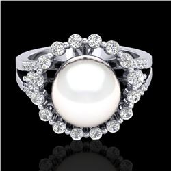 0.83 CT Micro Pave VS/SI Diamond Certified & Pearl Ring 18k White Gold - REF-85A5N