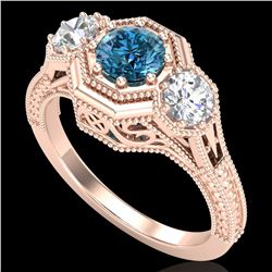 1.05 ctw Intense Blue Diamond Art Deco 3 Stone Ring 18k Rose Gold - REF-161N8F