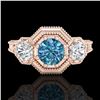 Image 2 : 1.05 ctw Intense Blue Diamond Art Deco 3 Stone Ring 18k Rose Gold - REF-161N8F
