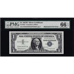 1957B $1 Silver Certificate Note Mismatched Serial Number ERROR PMG Gem Unc. 66EPQ