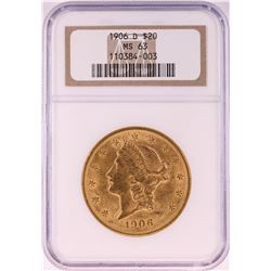 1906-D $20 Liberty Head Double Eagle Gold Coin NGC MS63