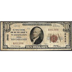 1929 $10 Peoples NB and Trust Co. of Washington, IN CH# 3842 National Currency Note