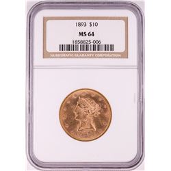 1893 $10 Liberty Head Eagle Gold Coin NGC MS64