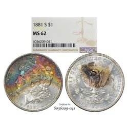 1881-S $1 Morgan Silver Dollar Coin NGC MS62 Amazing Toning