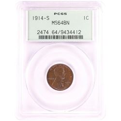 1914-S Lincoln Wheat Cent Coin PCGS MS64BN Old Green Holder