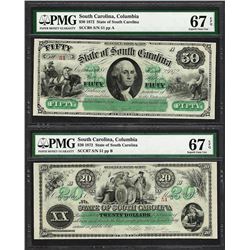 Low Serial Set 1872 $20 & $50 South Carolina Obsolete Notes PMG Superb Gem Unc. 67EPQ