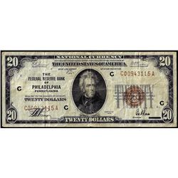 1929 $20 Federal Reserve Bank Note Philadelphia