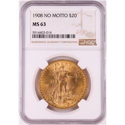 1908 No Motto $20 St. Gaudens Double Eagle Gold Coin NGC MS63
