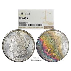 1881-S $1 Morgan Silver Dollar Coin NGC MS63* Star Amazing Toning