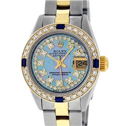 Rolex Ladies Two Tone 18K Gold Bezel Blue String Diamond & Sapphire Datejust Wristwatch