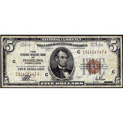 1929 $5 Federal Reserve Bank Note Philadelphia
