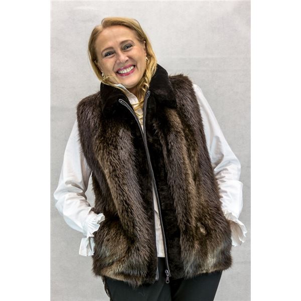 Beaver Zip Vest w/ Brown Dyed Sheared Beaver Tuxedo Trim $2,495