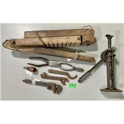 LOT OF ANTIQUE TOOLS INCL CAR & BUGGY JACKS, SEE BOTH PICTURES