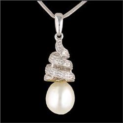 14KW Gold Diamond Swirl Drop Pearl Pendant
