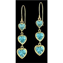 14K Yellow Gold Blue Topaz Triple Heart Earrings