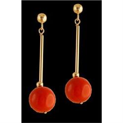 14KY Gold 6 MM Coral Round Cabochon Earrings