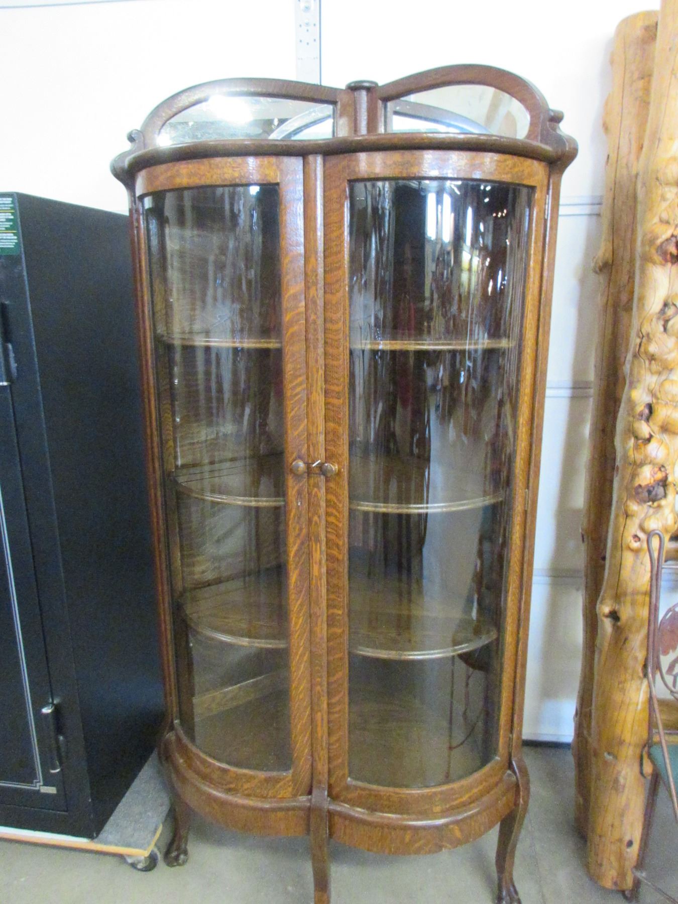 Oak Double Curved Glass China Hutch Wooden Shelves Claw Feet