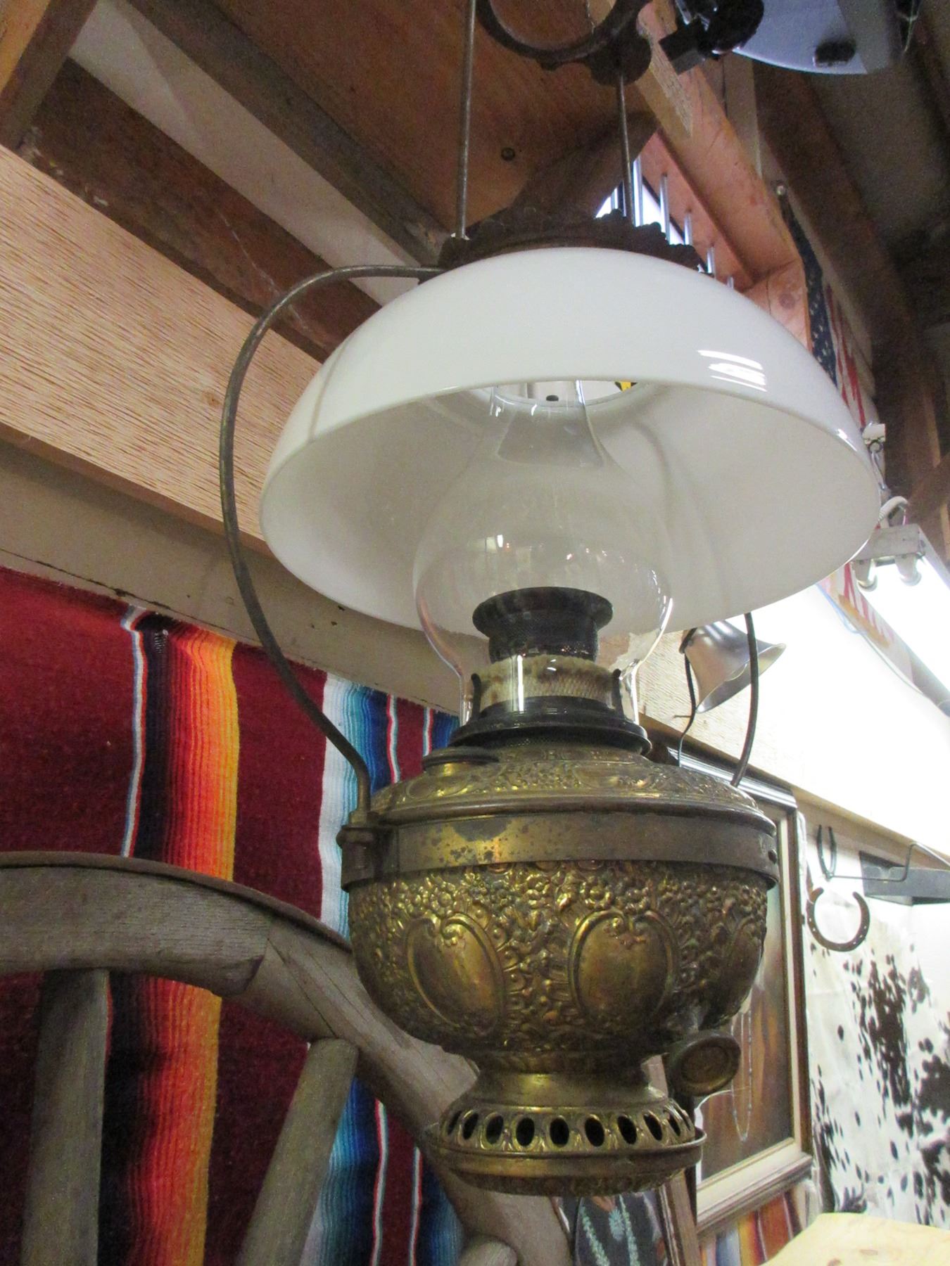 Antique Brass Hanging Oil Lamp Excellent Condition 32" X 10"