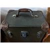 Image 2 : Carnival scee bucket, period reproduction trash can, brown leather desk blotter and vintage suitcase