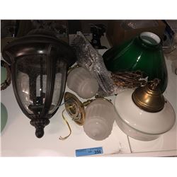 1920s schoolhouse lights, 2 green glass shades and assorted lightings