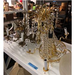 2 chandeliers, a shelf lot of lighting and glass lampshades