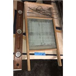 Vintage washboard, vintage level and assorted items