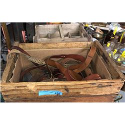 Box of vintage leather belts and 3 wood boxes