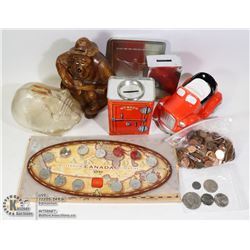 VINTAGE 5 PIGGY BANKS, 1 OF PENNIES  & USA DOLLAR,