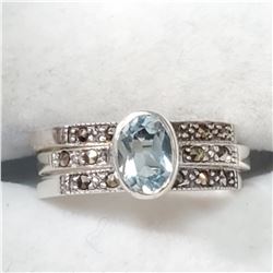 SILVER BLUE TOPAZ ONYX  SET (~SIZE 7)