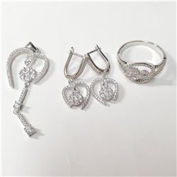 SILVER CUBIC ZIRCONIA EARRING, RING,