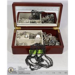 WOODEN BOX FULL OF JEWELRY INCL WATCH CHAIN,