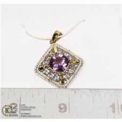 STERLING SILVER .925 AMETHYST/DIAMOND PENDANT 1 IN
