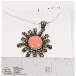 STERLING SILVER .925 CORAL/MARCASITE PENDANT 1 IN