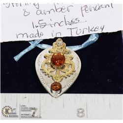 STERLING SILVER .925 AMBER PENDANT 1.5 INCH