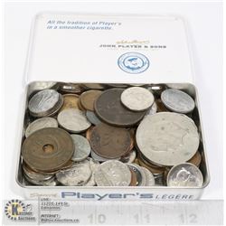 MIXED COIN COLLECTION IN VINTAGE TOBACCO TIN