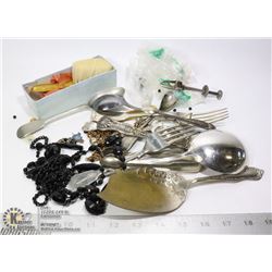 ESTATE LOT OF MIXED ANTIQUE CUTLERY, JEWELRY AND