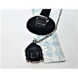 7)  SILVER TONE AND CARVED BLACK OBSIDIAN